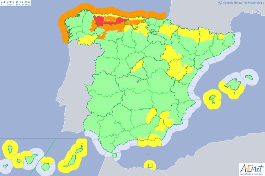 Una veintena de provincias entre ellas las gallegas están en aviso