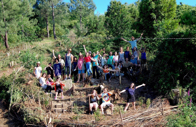 Estudiantes erasmus arrancan acacias para plantar árboles autóctonas y frutales en un bosque gallego