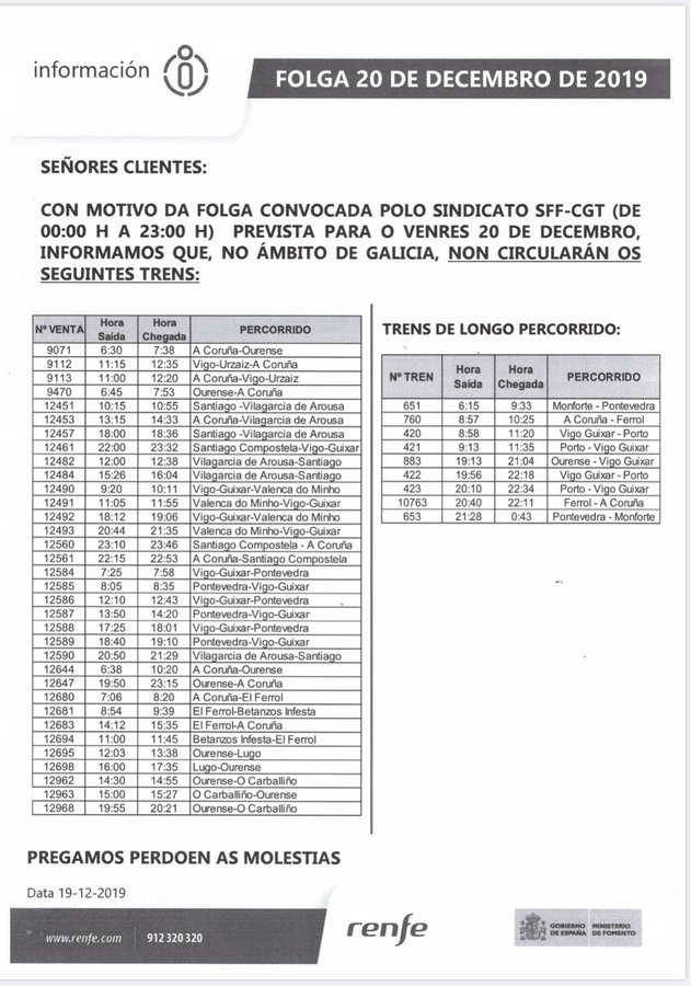 Estos son los 43 trenes cancelados en Galicia por una nueva huelga en Renfe convocada por  SFF-CGT en contra de la privatización