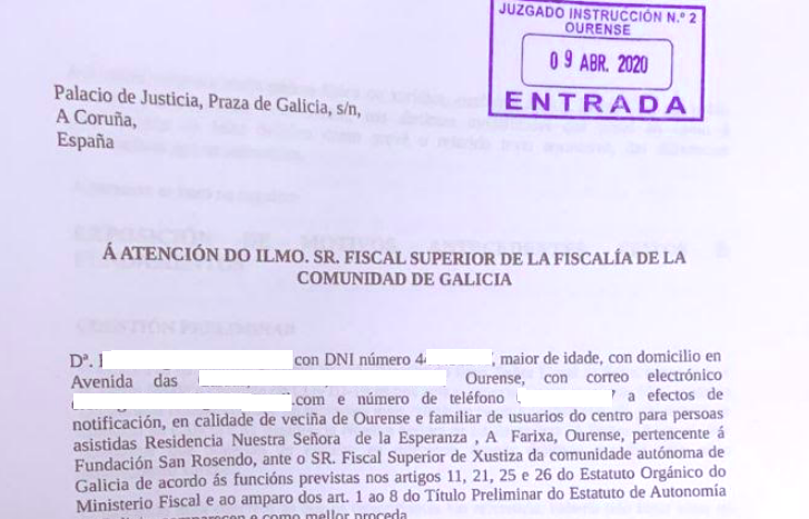 Denuncia penal contra cargos de la Xunta y la Fundación San Rosendo por el coronavirus en una residencia de Ourense