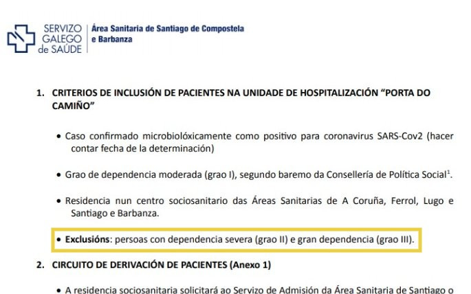 El SERGAS no hospitalizó a ancianos con coronavirus y dependencia severa, muestra un documento oficial filtrado