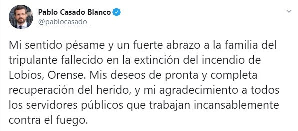 Imagen del mensaje publicado por el líder del PP, Pablo Casado, en el que traslada su pésame a la familia del piloto fallecido en Lobios (Ourense)