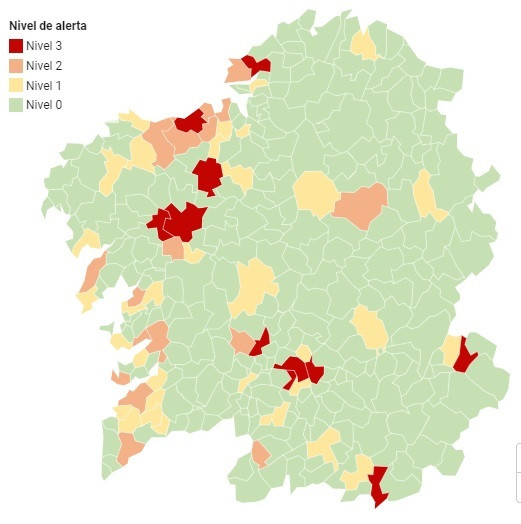 Ordes en alerta roja por coronavirus y Carballo y Boborás en nivel naranja; mejoran Xinzo, Ribadavia y A Laracha