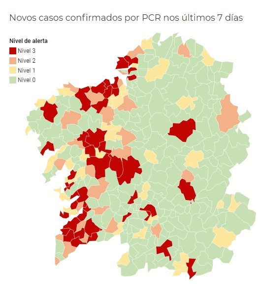 Incidencia del coronavirus a 7 días por municipios gallegos, actualizado a 30 de octubre de 2020.