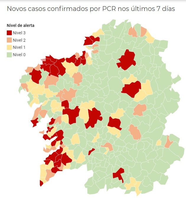 Mapa de Galicia con la incidencia de la pandemia del coronavirus por municipios, a 13 de noviembre de 2020.