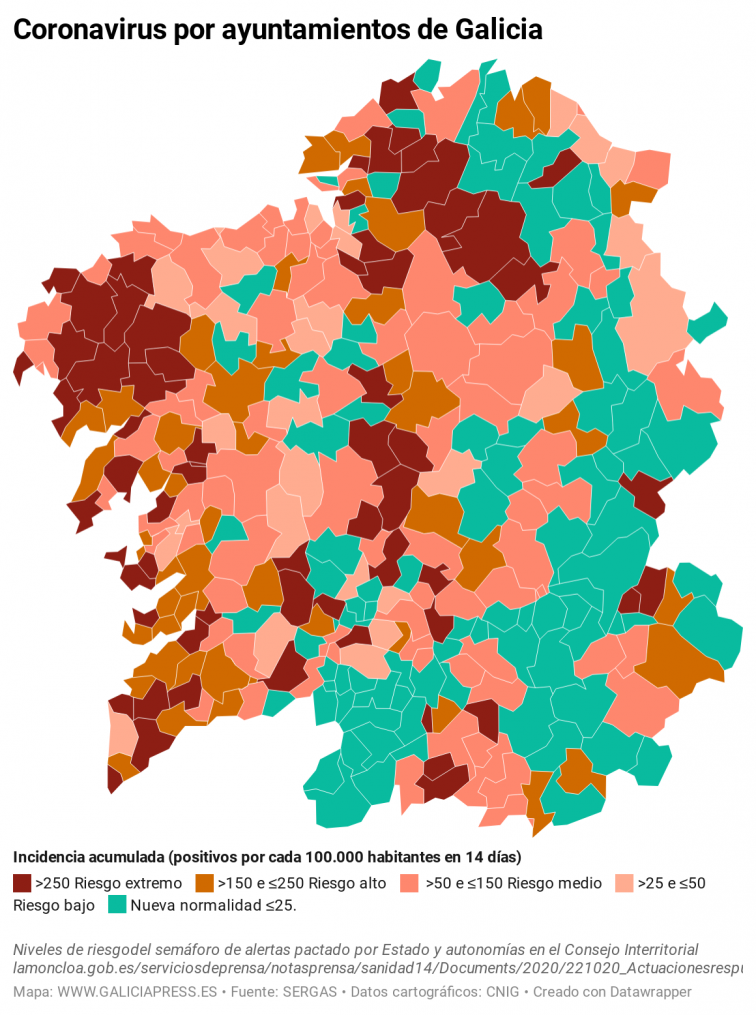 Covid por municipios: A Coruña y Lugo siguen mejorando mientras que Ourense y Santiago están entre los que más empeoran