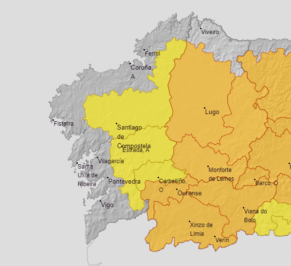 Alerta naranja por lluvia y tormentas en la mayoría del interior de Galicia con vientos muy fuertes desde el mediodía