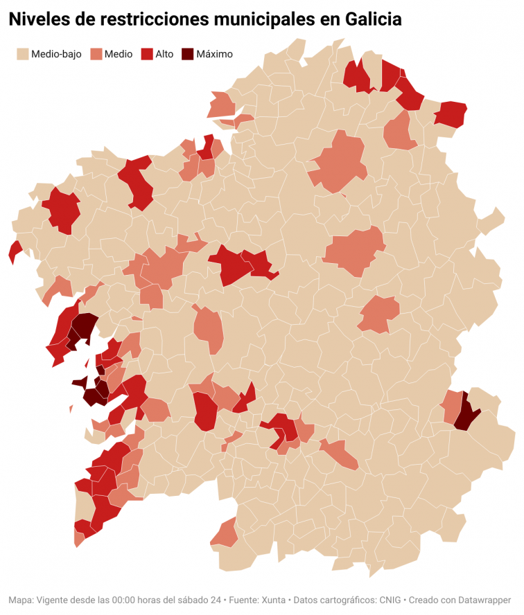 Mapa de nuevas restricciones municipales en Galicia vigente desde el sábado debido al coronavirus