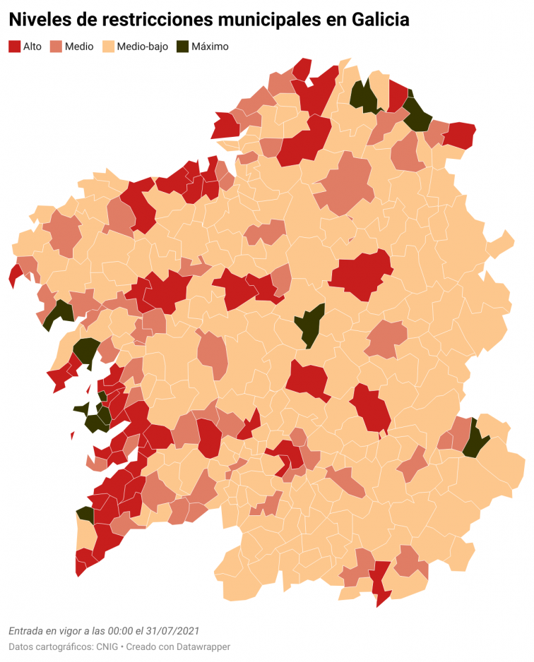 Nuevo mapa de restricciones municipales vigentes a partir de este sábado en Galicia por el covid