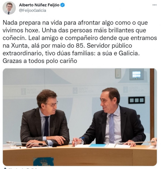 Mensaje publicado por el presidente de la Xunta, Alberto Núñez Feijóo, en recuerdo a su conselleiro de Facenda, Valeriano Martínez