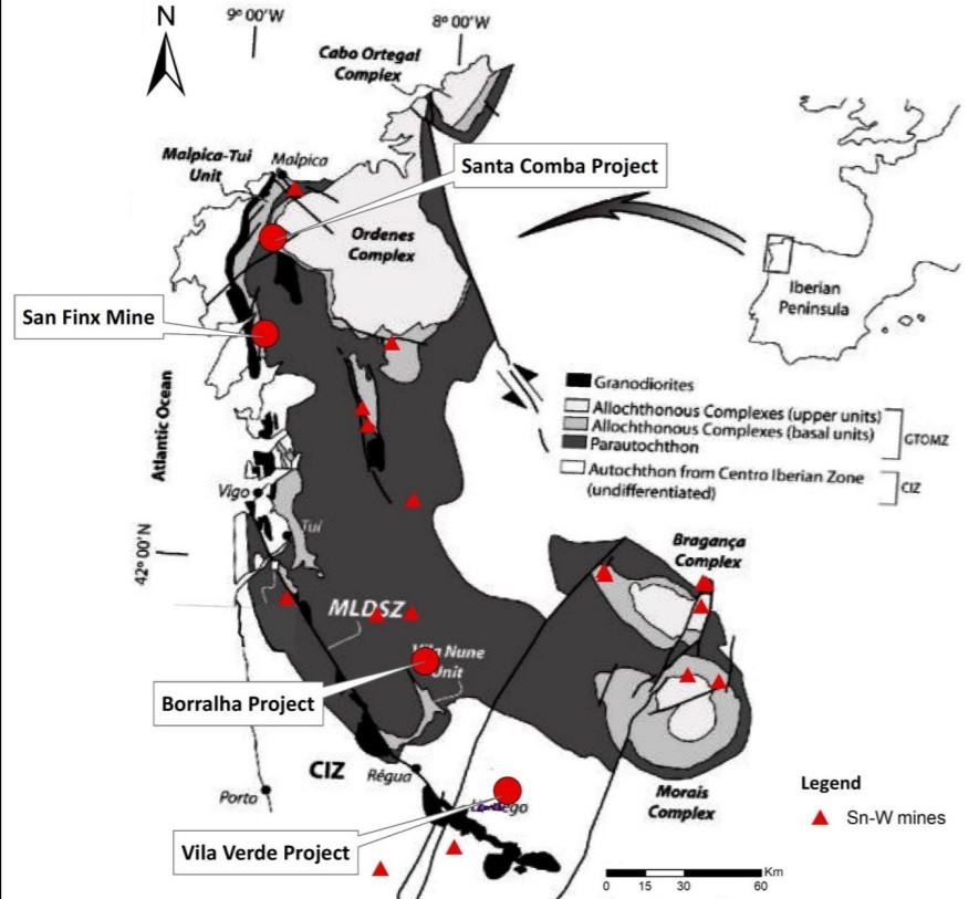 Mapa de inversiones de la compañía australiana Rafaella Resources tras comprar a Sacyr la mina de San Finx, en Lousame (A Coruña)