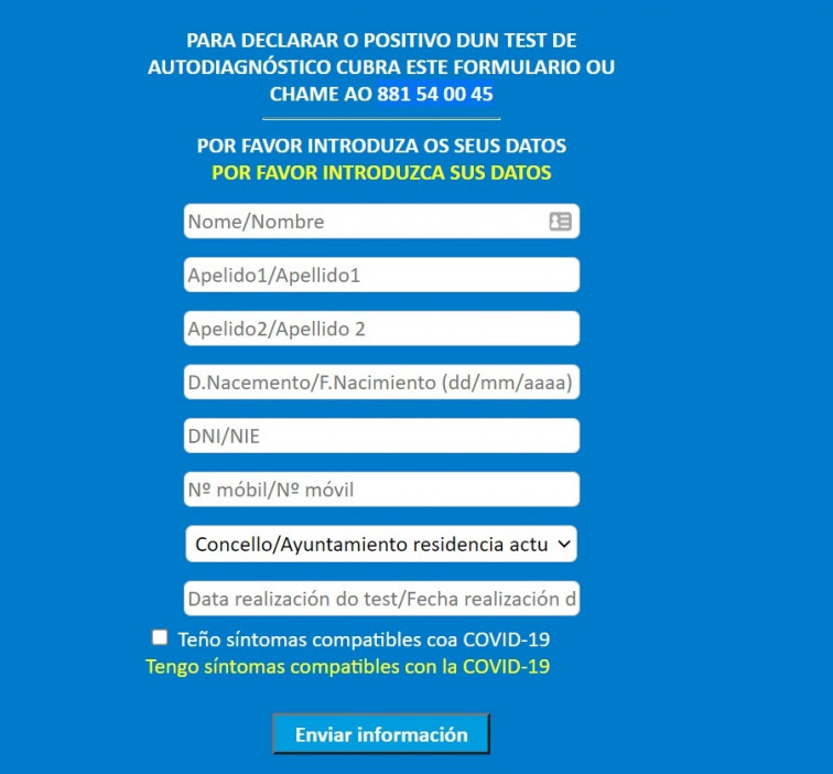 Esta es la web de autodeclaración de positivo covid nacida tras el colapso del 881540045 de la Xunta