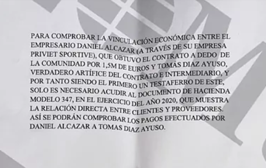 Este sería el documento filtrado a Casado que contradice a Ayuso pues indica pagos por intermediar con la Comunidad