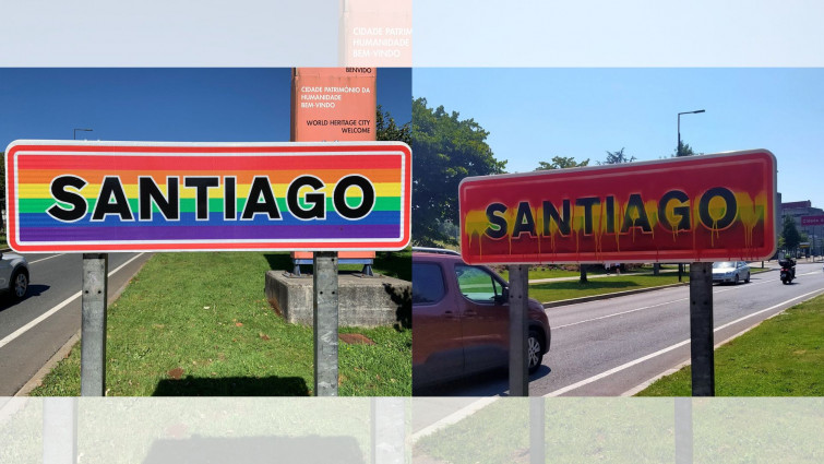 Vandalizan el letrero arcoíris de la entrada de Santiago de Compostela con los colores de España