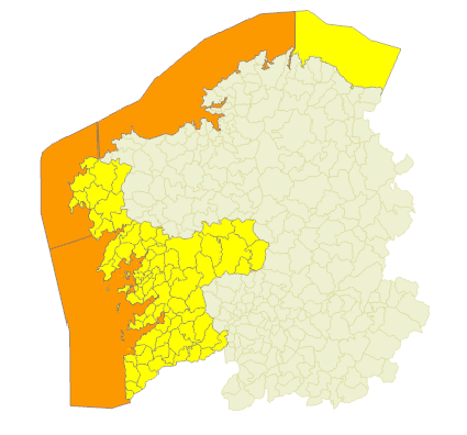 Alerta naranja en la costa y alerta amarilla en varias comarcas de A Coruña y Pontevedra desde la noche del martes