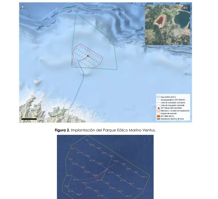 Propuesta de ubicaciu00f3n del parque maru00edtimo Ventus frente a las costas de San Cibrao en Lugo