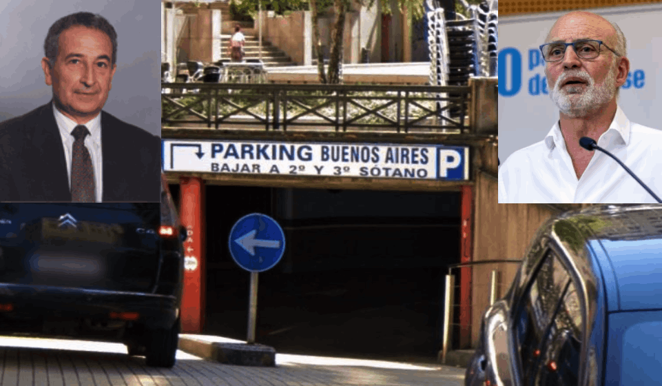 Fotomontaje con imu00e1genes de Martu00ednez Randulfe en su retrato oficial en el Senado el Parking Buenos Aires en la Praza de San Antonio de Ourense en Google Street View y Manuel Cabezas en un reciente acto de su candidatura