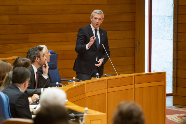 El presidente de la Xunta, Alfonso Rueda, en la sesión de control al Gobierno gallego del Parlamento de Galicia.