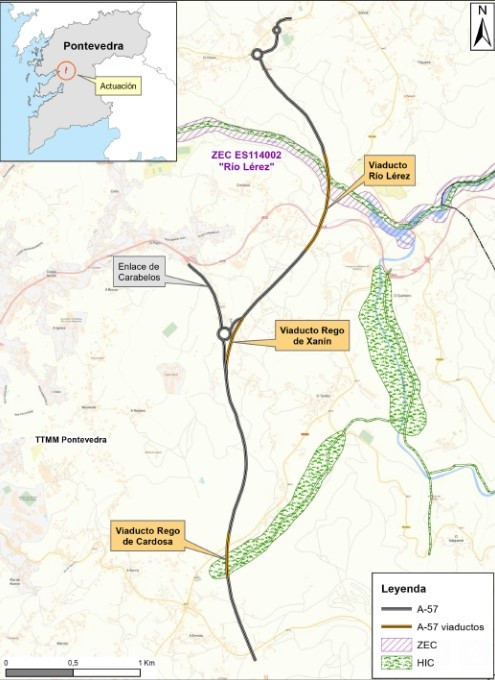 Trazado propuesto para el tramo A Ermida-Pilarteiros (Pontevedra), de la nueva autovía A-57.