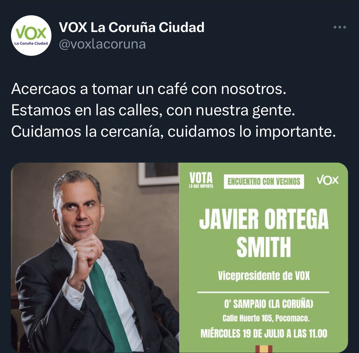 Captura de pantalla de Vox A Coruu00f1a Ciudad anunciando el evento con Ortega Smith