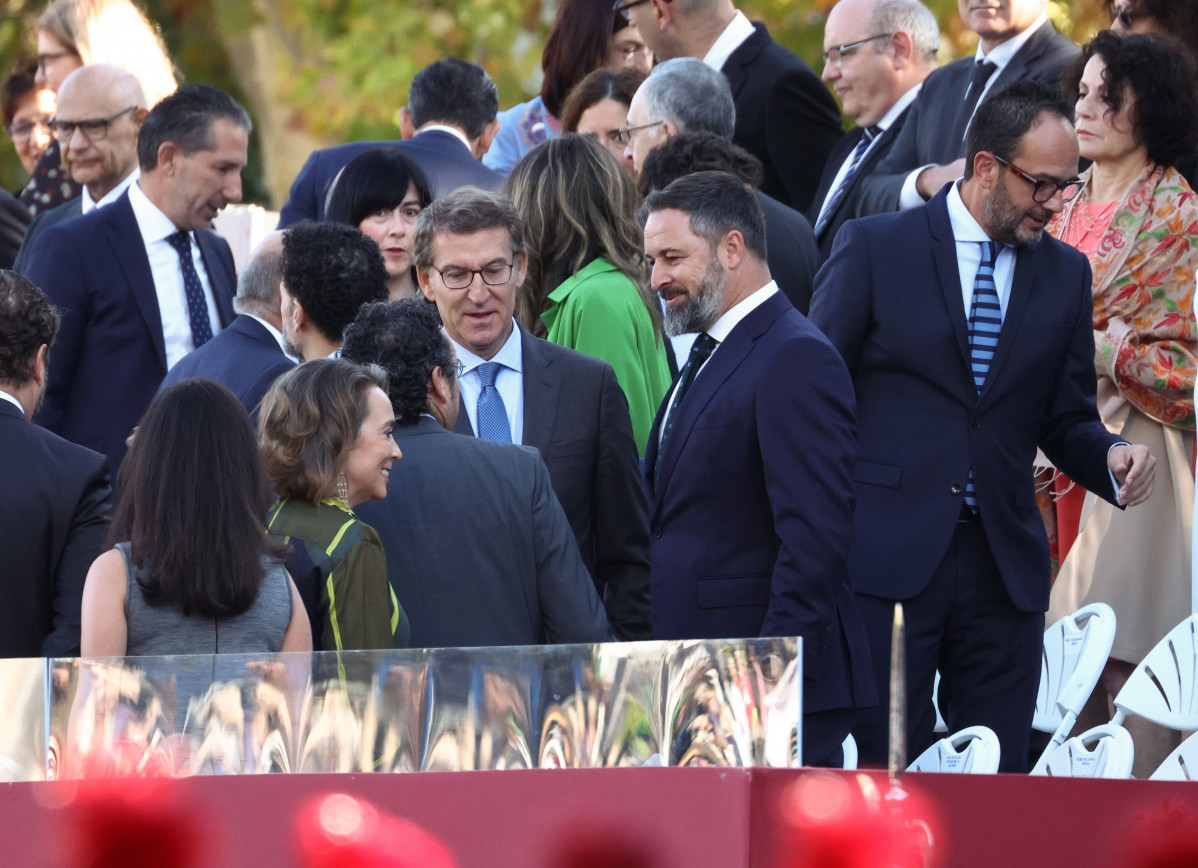 Archivo - El presidente del PP, Alberto Núñez Feijóo (i) y el líder de Vox, Santiago Abascal (d), durante el acto solemne de homenaje a la bandera nacional y desfile militar en el Día de la Hispanidad, a 12 de octubre de 2022, en Madrid (España)