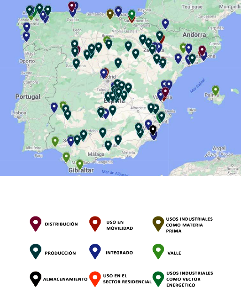 Mapa de proyectos de hidru00f3geno verde en Espau00f1a segu00fan la Asociaciu00f3n Espau00f1ola de Hidru00f3geno