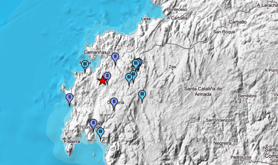 Mapa del IGN del terremoto que se deju00f3 sentir en A Costa da Morte esta mau00f1ana