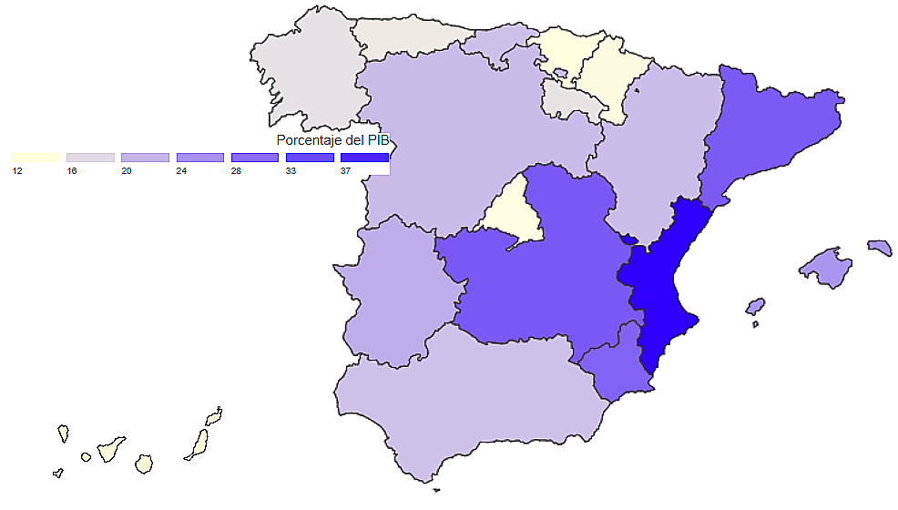 Endeudamiento por comunidades autu00f3nomas en 2022 en porcentaje del PIB