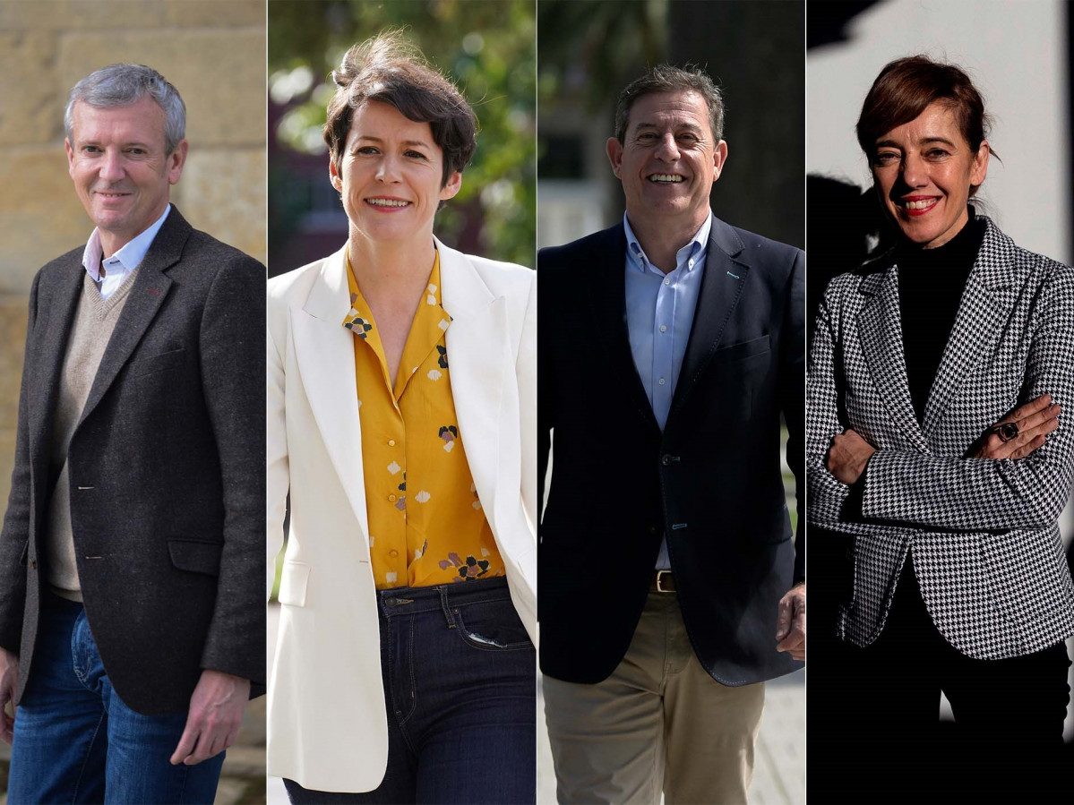 Los candidatos del PP, Alfonso Rueda; BNG, Ana Pontón; PSdeG, José Ramón Gómez Besteiro; y Sumar Galicia, Marta Lois. Elecciones gallegas del 18 de febrero de 2024.