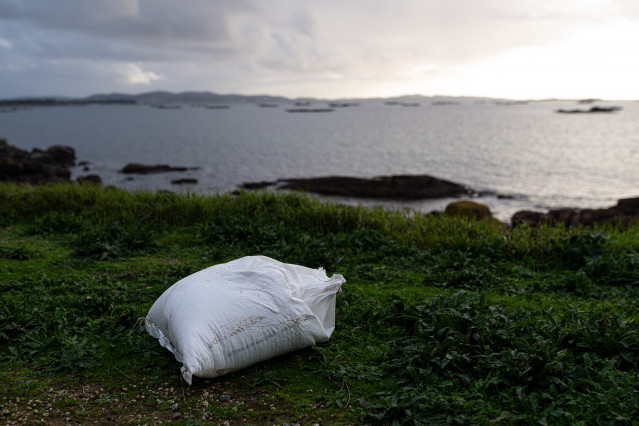 Un agente de la Policía Local y una guarda costas hacen una recogida de pellets de la arena, en la Illa de Arousa, a 4 de enero de 2024, en Pontevedra, Galicia (España).Grandes cantidades de pellets de plásticos llevan apareciendo, desde el 13 de diciembr