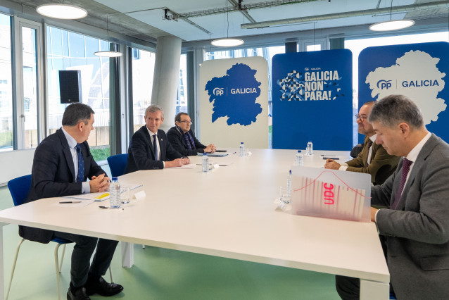 El presidente y candidato del PPdeG, Alfonso Rueda, y el conselleiro de Educación, Román Rodríguez, se reúne con los rectores de las universidades públicas gallegas: Antonio López (Santiago), Manuel Reigosa (Vigo) y Ricardo Cao (A Coruña).