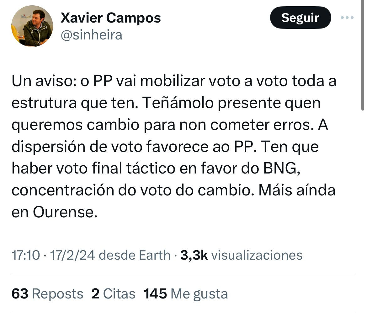 Tweet del responsable de comunicaciu00f3n del Bloque que el PP dice denunciu00f3 a la Junta Electoral