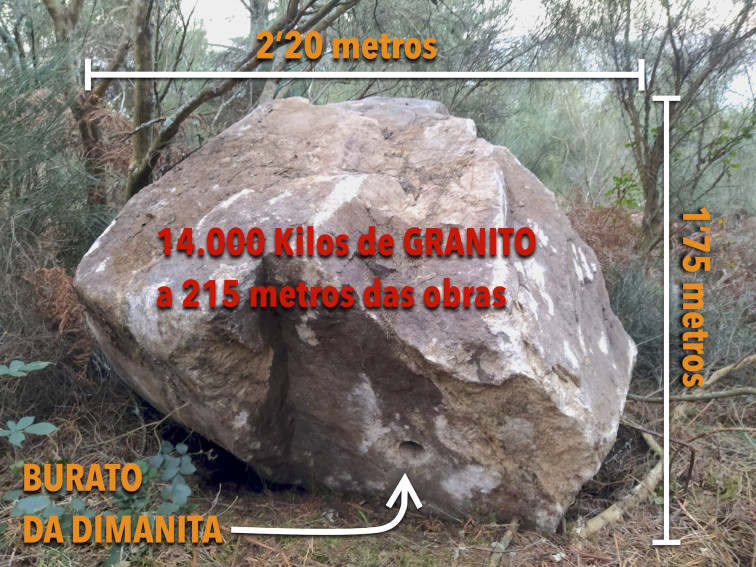 Enorme piedra rueda monte abajo en las voladuras del Parque Eólico de Acibal en Pontevedra