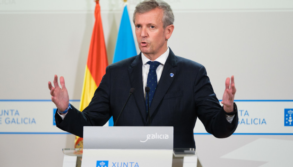 El presidente de la Xunta en funciones, Alfonso Rueda, en rueda de prensa.