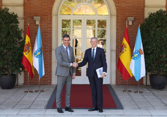 Archivo - El presidente del Gobierno, Pedro Sánchez (i), recibe al presidente del Gobierno de Galicia, Alfonso Rueda (d), en el Palacio de La Moncloa, a 28 de julio de 2022, en Madrid (España). La reunión con Rueda llega dos meses después de que fuera inv