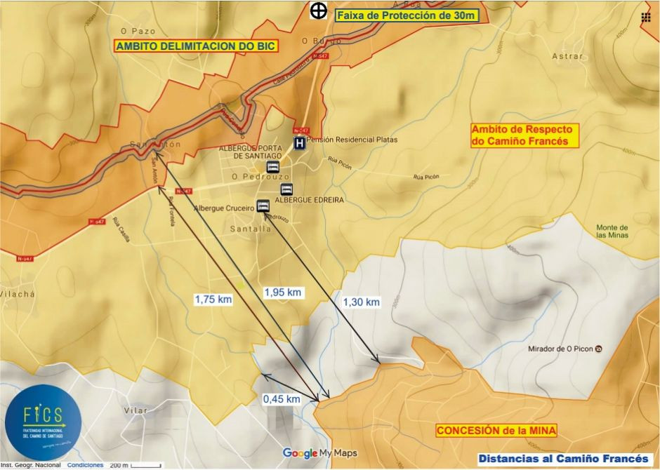 Mapa de distancias entre la mina de Touro y el Camino de Santiago elaborado por FICS
