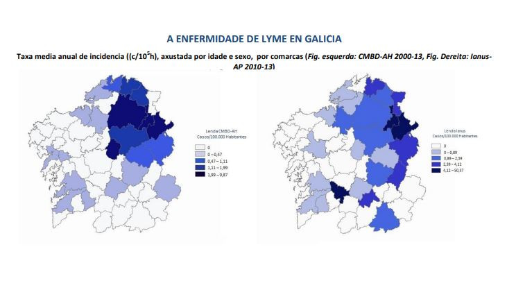 Casos de enfermedad de Lyme en Galicia por comarcas entre 2010 y 2013 en una imagen del SERGAS