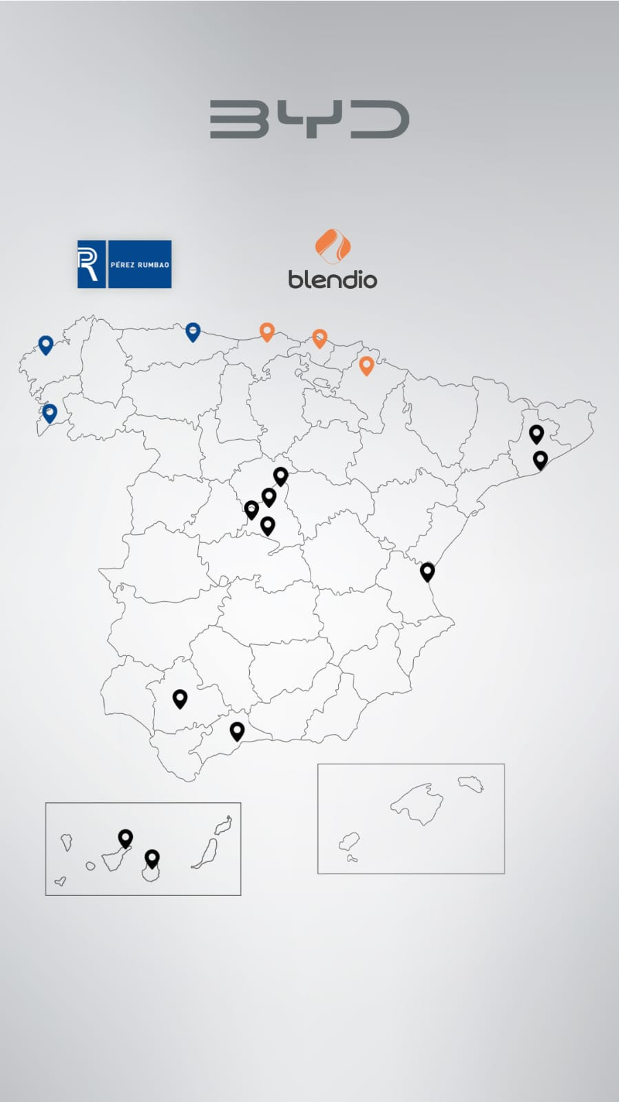 Mapa de los futuros concesionarios de BYD en Espau00f1a