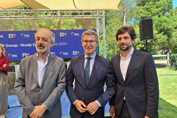 Los eurodiputados gallegos Francisco Millán Mon y Adrián Vázquez, con el líder nacional del PP, Alberto Núñez Feijóo.