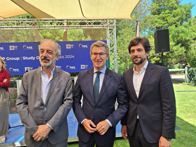 Los eurodiputados gallegos Francisco Millán Mon y Adrián Vázquez, con el líder nacional del PP, Alberto Núñez Feijóo.