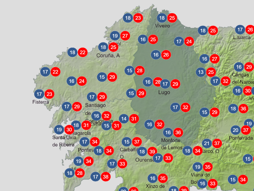 Temperaturas estimadas por AEMET el miu00e9rcoles con casi 40 grados en las comarcas de Ourense y Veru00edn