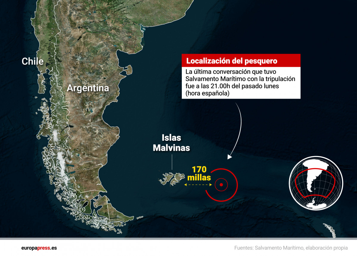 Infografía con localización del pesquero 'Arcos Georgia' naufragado en las proximidades de las islas Malvinas, donde han fallecido al menos seis personas y siete han desaparecido. Salvamento Maríti