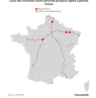 Mapa de sabotajes en los trenes de Francia