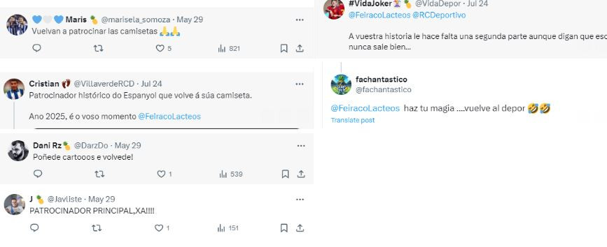 Mensajes pidiendo que Feiraco vuelva a las camisetas del Du00e9por