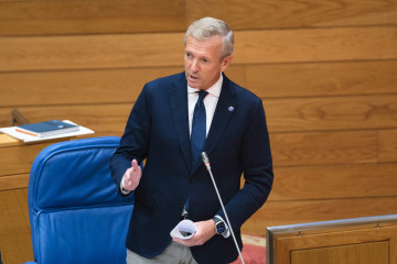 El presidente de la Xunta, Alfonso Rueda, responde a la oposición en el pleno del Parlamento de Galicia.