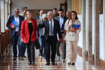 Miembros del Grupo Provincial socialista en su llegada este martes a las instalaciones del Pazo de San Marcos, sede de la Diputación de Lugo, para la celebración del pleno ordinario de la instituci