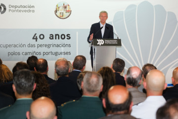 El presidente de la Xunta, Alfonso Rueda, en una intevención durante el acto de conmemoración del 40º aniversario de la recuperación de la peregrinación por el Camino Portugués.