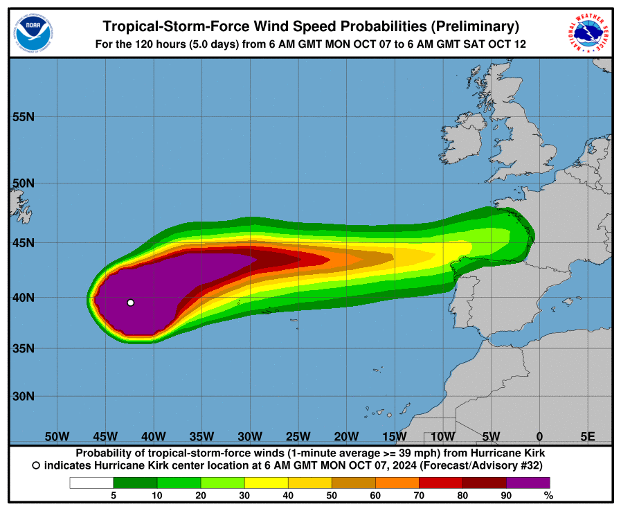 Previsiu00f3n del camino de Kirk y de las u00e1reas con fuertes vientos en una imagen del NOAA de Estados Unidos 