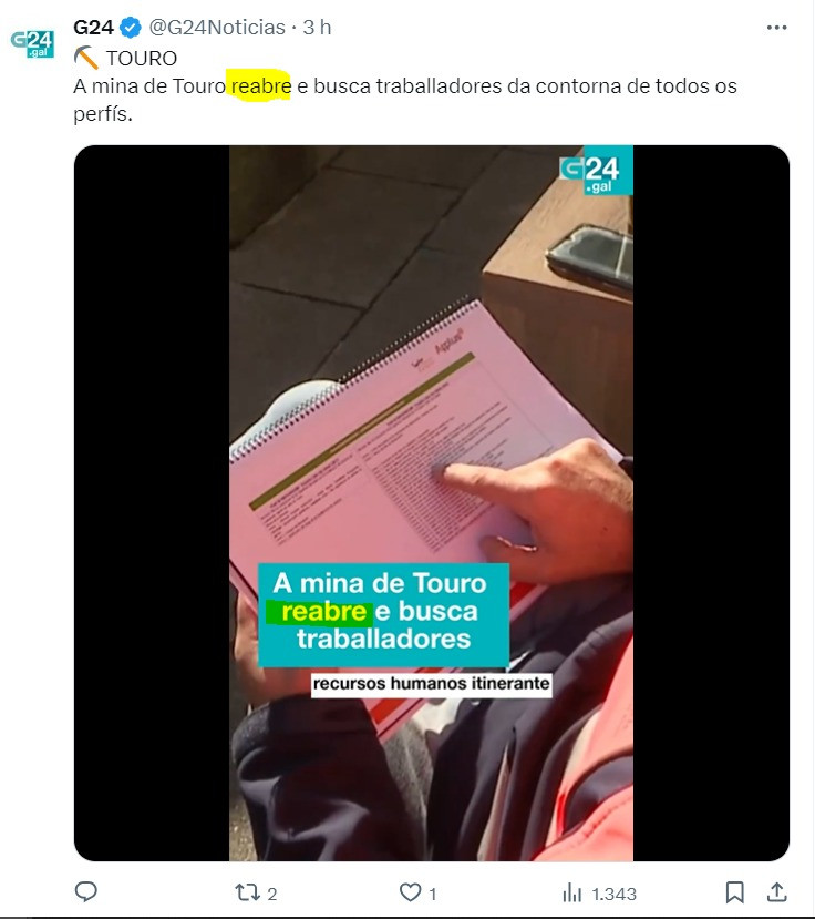 Captura de entrada el martes en X Twitter de CRTVG sobre la mina de Touro