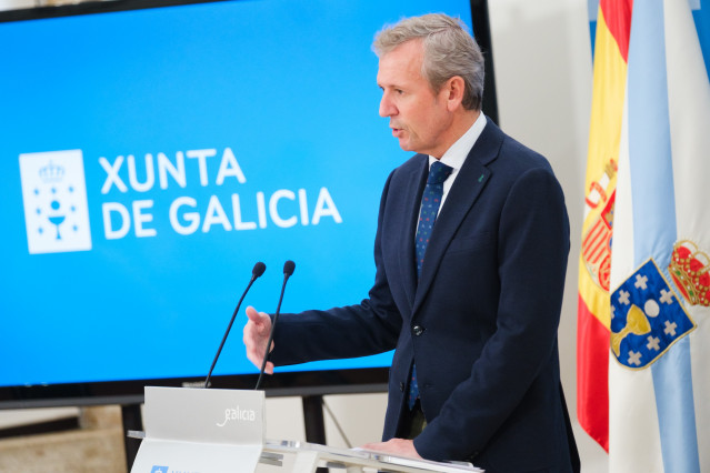 El presidente de la Xunta, Alfonso Rueda, comparece tras el Consello en Noia (A Coruña).